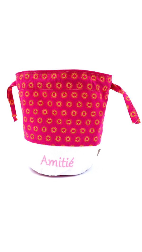Petit sac de voyage rond avec fond réversible 2 tissus 30 x 25 cm rose- brodé texte Amitié