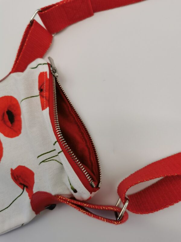 Pochette téléphone coquelicots intérieur rouge sangle rouge pailletée – Image 3