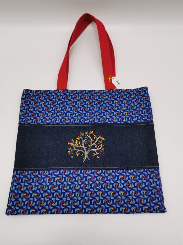 Tote bag 3 bandes doublé bleu jean 39 x 35 cm brodé arbre de vie