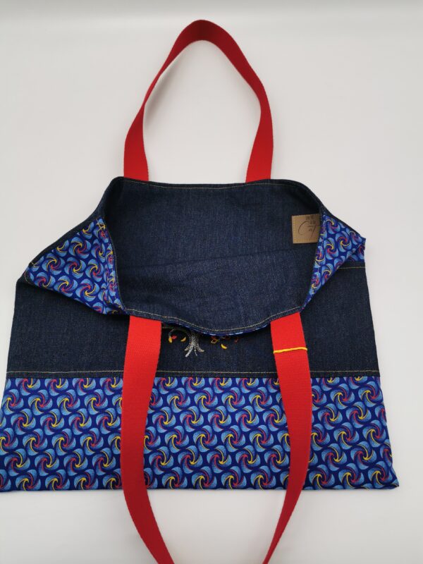 Tote bag 3 bandes doublé bleu jean 39 x 35 cm brodé arbre de vie – Image 4
