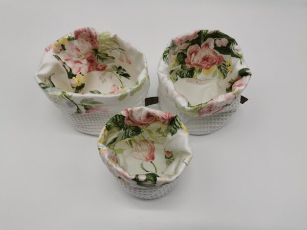 Lot 3 Paniers salle de bain ronds floral pastel blanc 10 cm 13 cm et 16 cm
