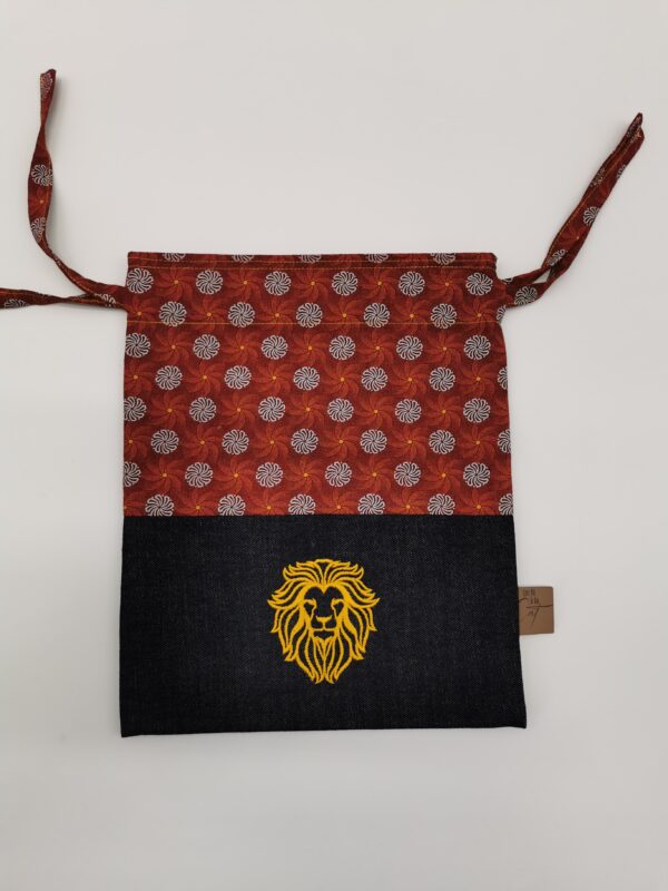 Petit sac de voyage réversible 2 tissus 25x30 cm marron- brodé image tête de lion