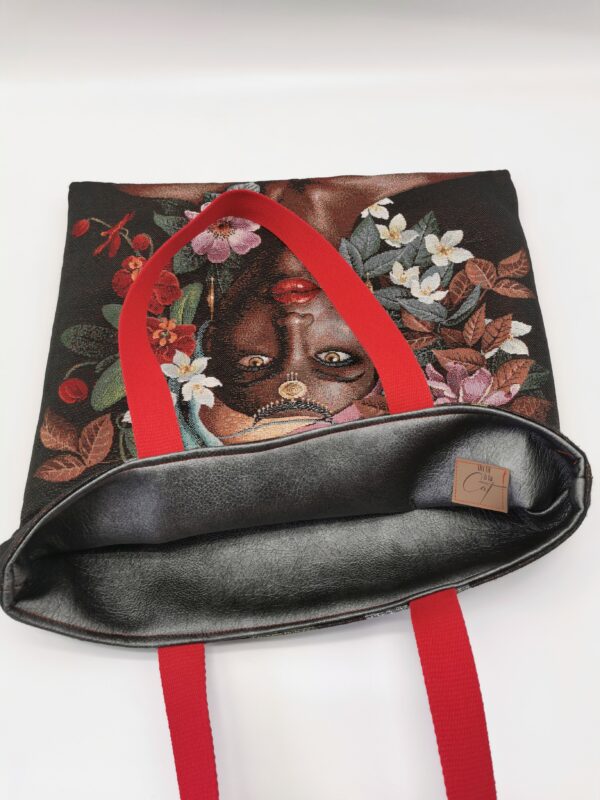 Tote bag Collection Visage Femme Fleurs intérieur similicuir gris – Image 2