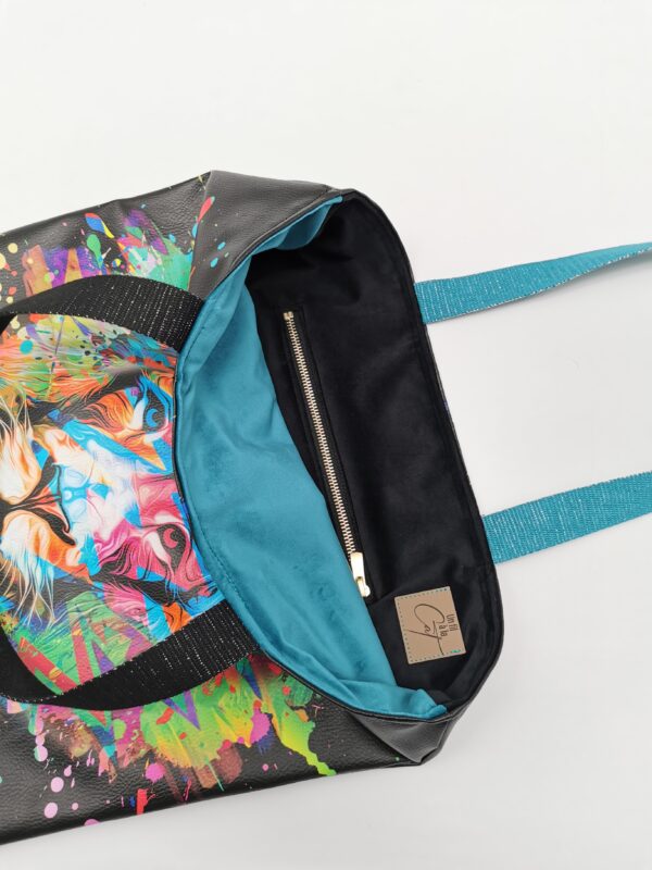 Tote bag Collection Savane Lion multicolore intérieur velours turquoise et noir – Image 3