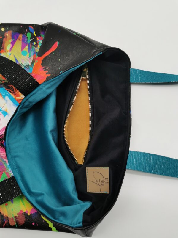 Tote bag Collection Savane Lion multicolore intérieur velours turquoise et noir – Image 5