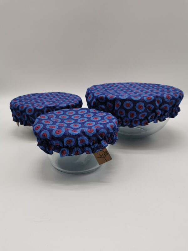 Lot 3 Couvre saladiers doublure tissu enduit bleu diamètres 18 cm 22 cm et 30 cm