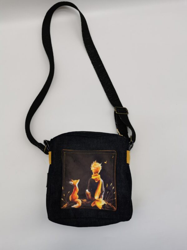 Pochette téléphone Petit Prince denim noir intérieur velours 20 x 20 cm