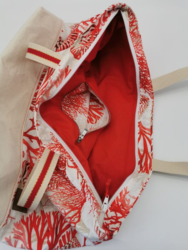 Sac de plage zippé océanique rouge intérieur tissu enduit rouge 60 x 36 cm – Image 4