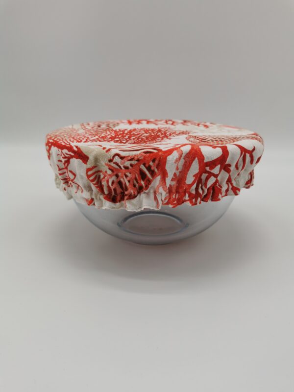 Couvre saladier rouge océanique doublure tissu enduit orange chiné diamètre 25 cm – Image 2