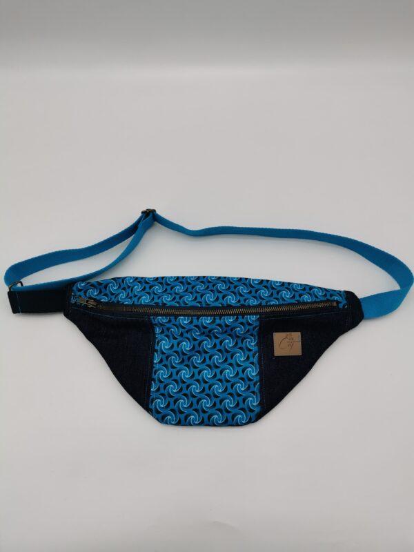 Sac banane bandoulière réglable en denim bleu et tissu bleu turquoise